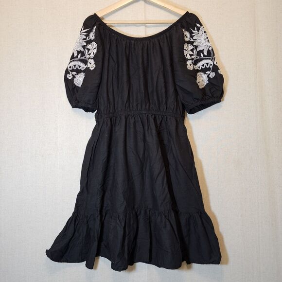 Knox Rose Womens Black Dress White Floral Embroidery Pockets Ruffle Size Large - Picture 8 of 10